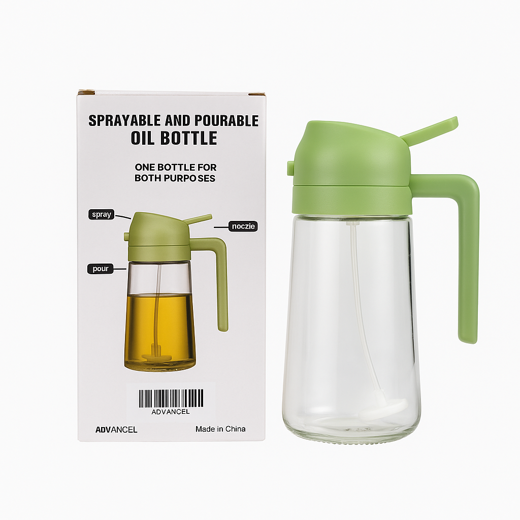 2 in 1 Sprayable and Pourable Oil Dispenser Bottle – Leak-Proof Glass Kitchen Oil Bottle with Nozzle and Handle