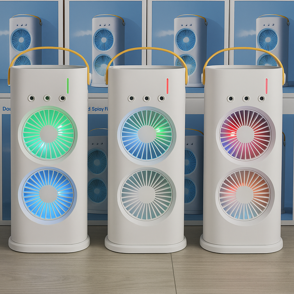 Double-Ended Spray Fan with LED Lights | Cool Mist Humidifier & Portable Dual-Blade Fan