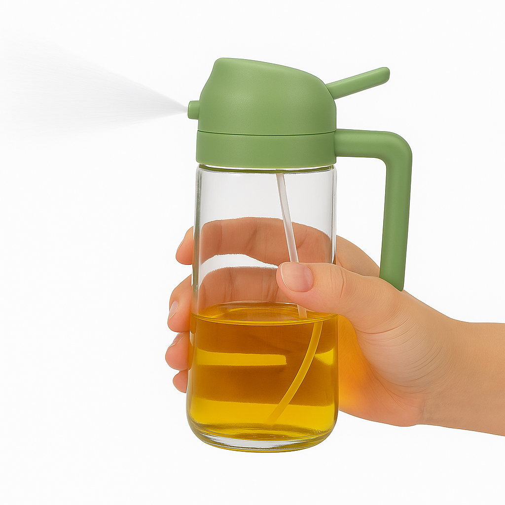 2 in 1 Sprayable and Pourable Oil Dispenser Bottle – Leak-Proof Glass Kitchen Oil Bottle with Nozzle and Handle