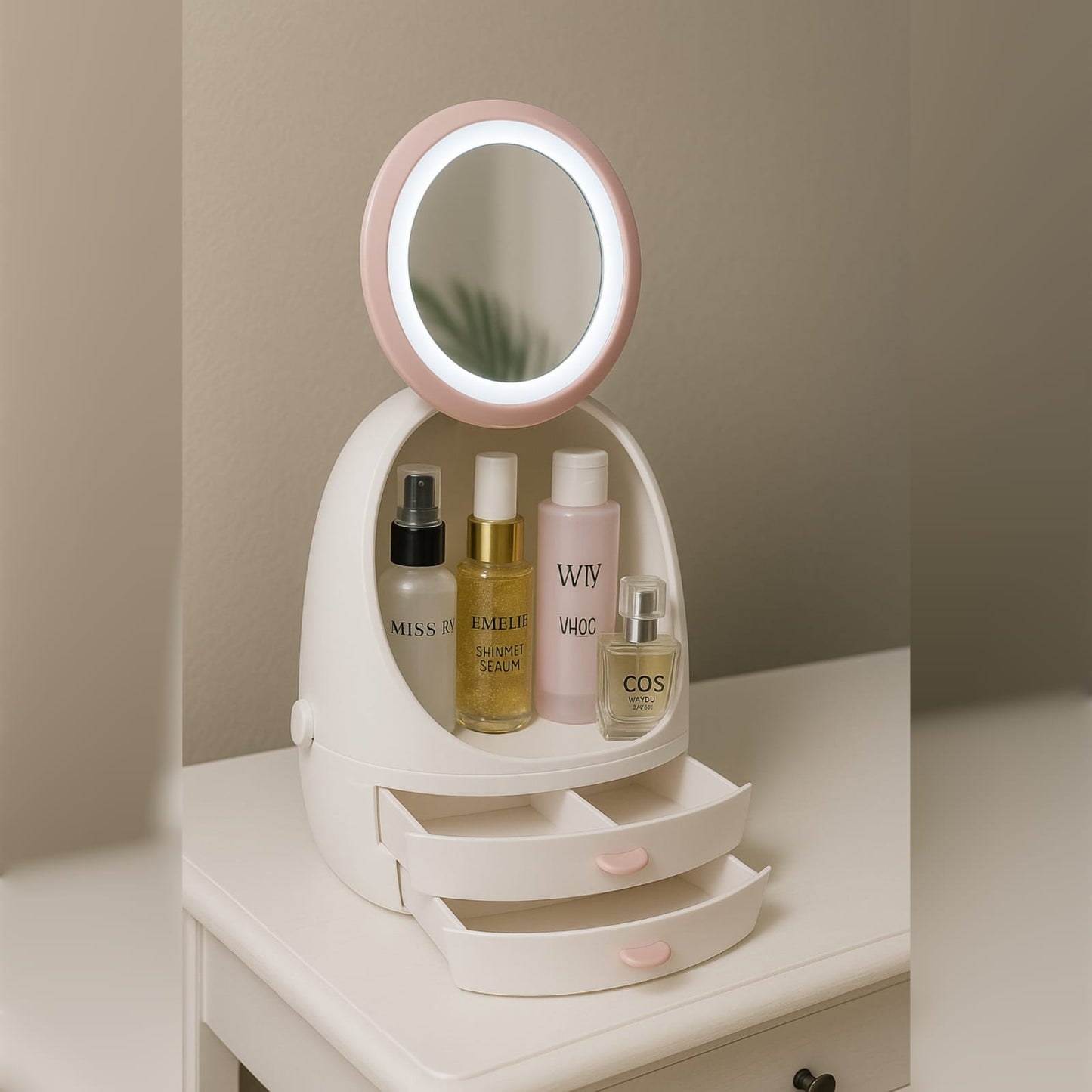 LED Makeup Organizer with 360° Rotating Mirror & Drawers – Large Cosmetic Storage Box