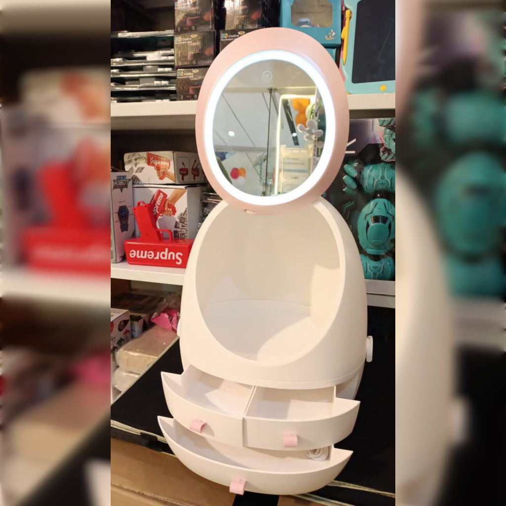 LED Makeup Organizer with 360° Rotating Mirror & Drawers – Large Cosmetic Storage Box