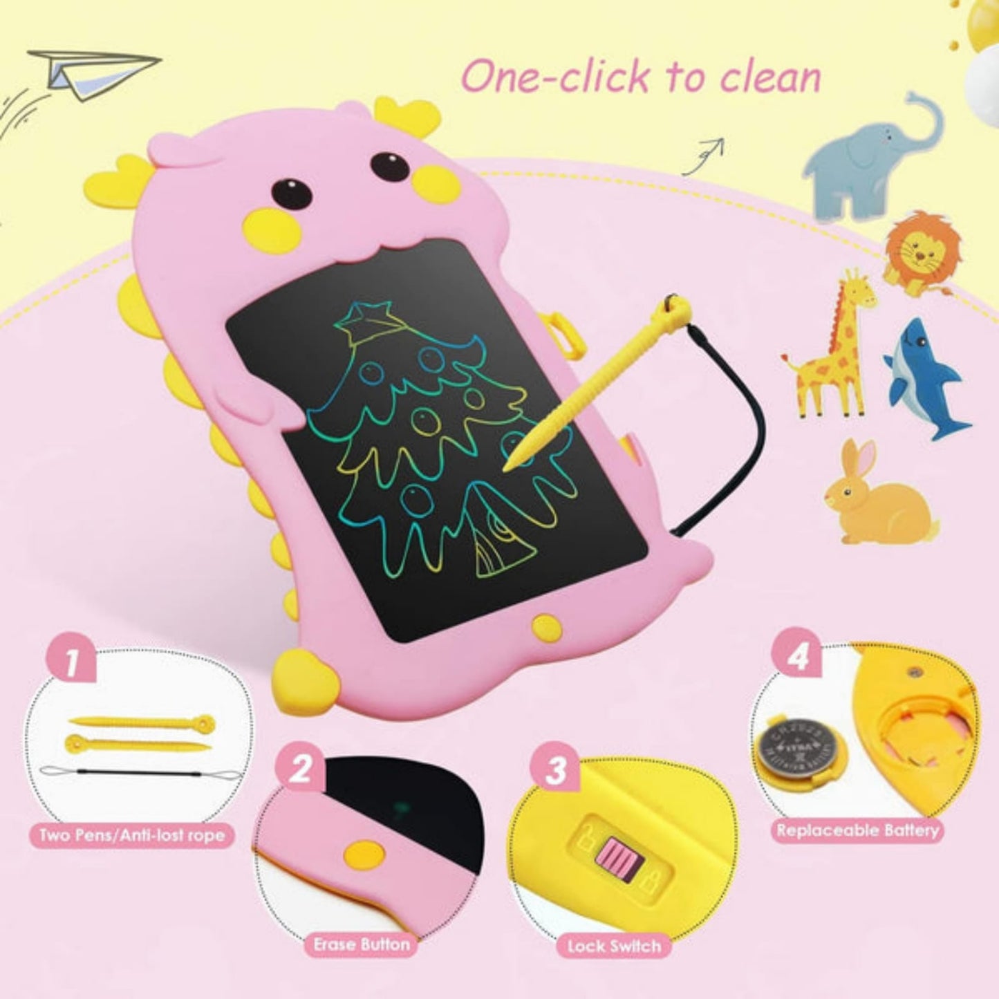 Dino LCD Writing Tablet for Kids – Colorful Reusable Drawing Pad with Erase Button