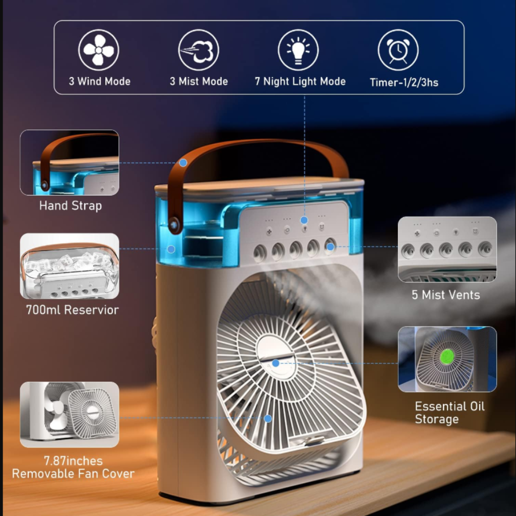 Portable Air Cooler Fan with Humidifier & Ice Cooling – USB Powered Mini AC Fan for Home, Office & Outdoor Use