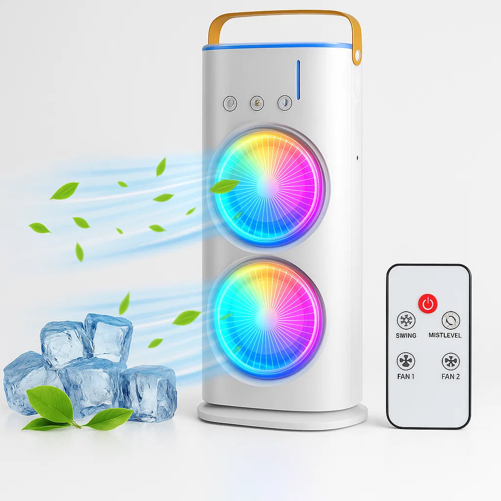 Double-Ended Spray Fan with LED Lights | Cool Mist Humidifier & Portable Dual-Blade Fan