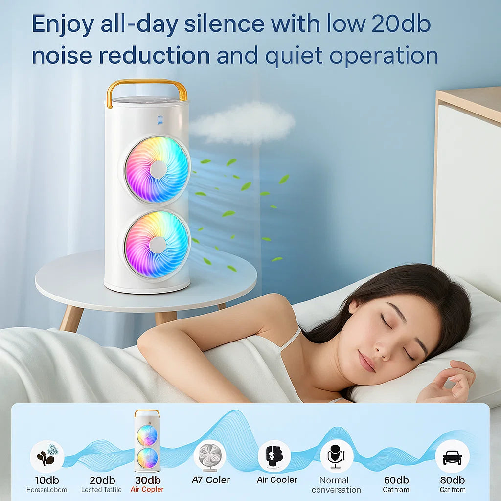 Double-Ended Spray Fan with LED Lights | Cool Mist Humidifier & Portable Dual-Blade Fan