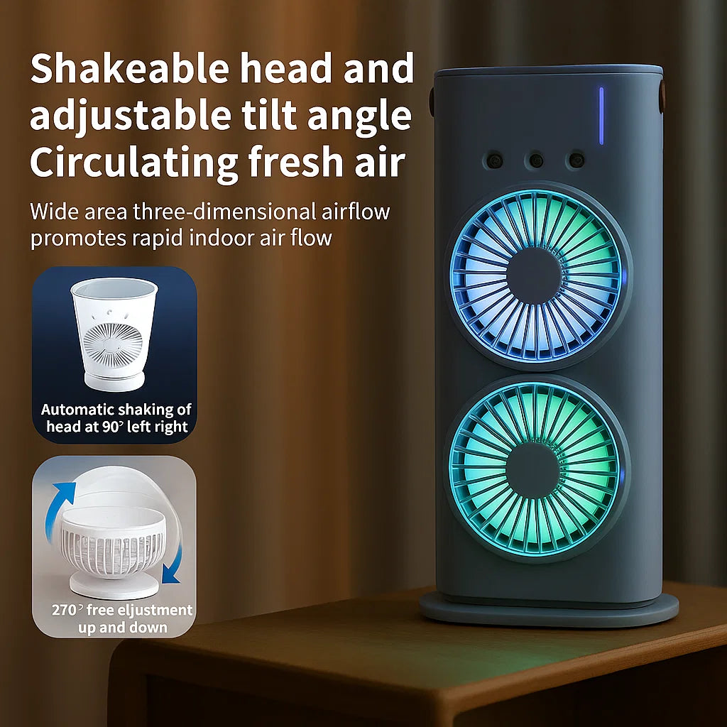 Double-Ended Spray Fan with LED Lights | Cool Mist Humidifier & Portable Dual-Blade Fan
