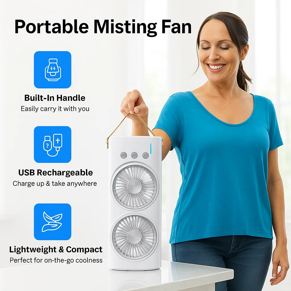 Double-Ended Spray Fan with LED Lights | Cool Mist Humidifier & Portable Dual-Blade Fan