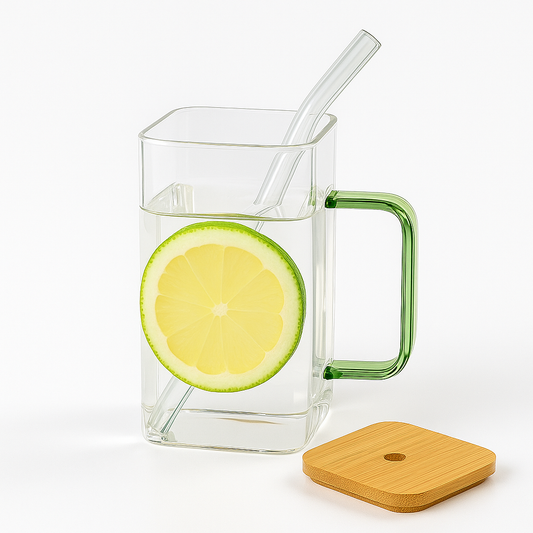 Transparent Glass Mug with Glass Straw & Wooden Lid – Elegant 600ml Square Cup for Juice, Water & Tea**