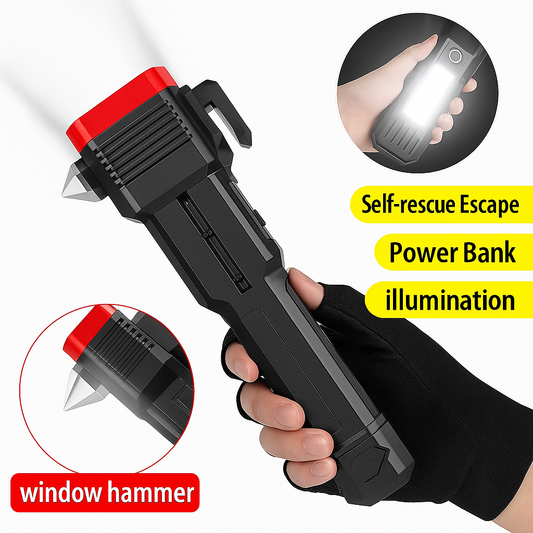 Multifunction Portable LED Flashlight – Rechargeable Torch with Car Window Breaker & Seatbelt Cutter | Emergency Tool**